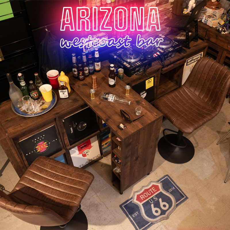 【ARIZONA】アメリカンヴィンテージ調バーチェア 1脚 ハイチェア 昇降式 ダークブラウン 背 ハイバック カフェチェア 椅子 カフェ風 高級感 座りやすい レザー調 ファブリック 回転式　マットブラック アイアン