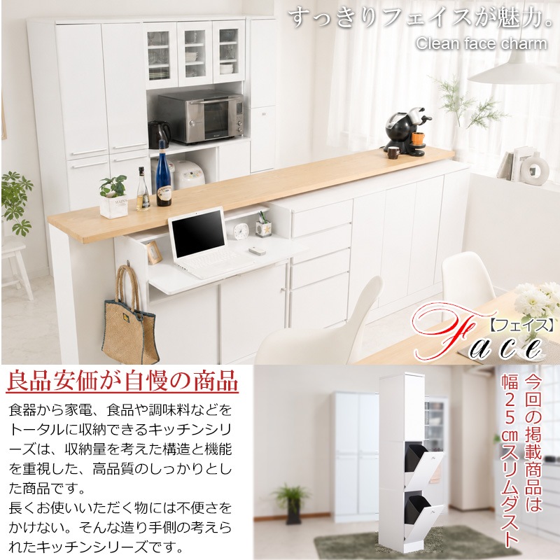 【face】キッチンシリーズ スリム 2分別 幅25 ホワイト ダストボックス ペール付き ホワイト ブラウン 省スペース設計 隙間収納 すきま ゴミ箱 ダスト ボックス 14L 扉 一人暮らし レンジラック | 小物収納 ごみ箱 家電ラック 電子レンジ レンジ台 収納ラック すきま収納