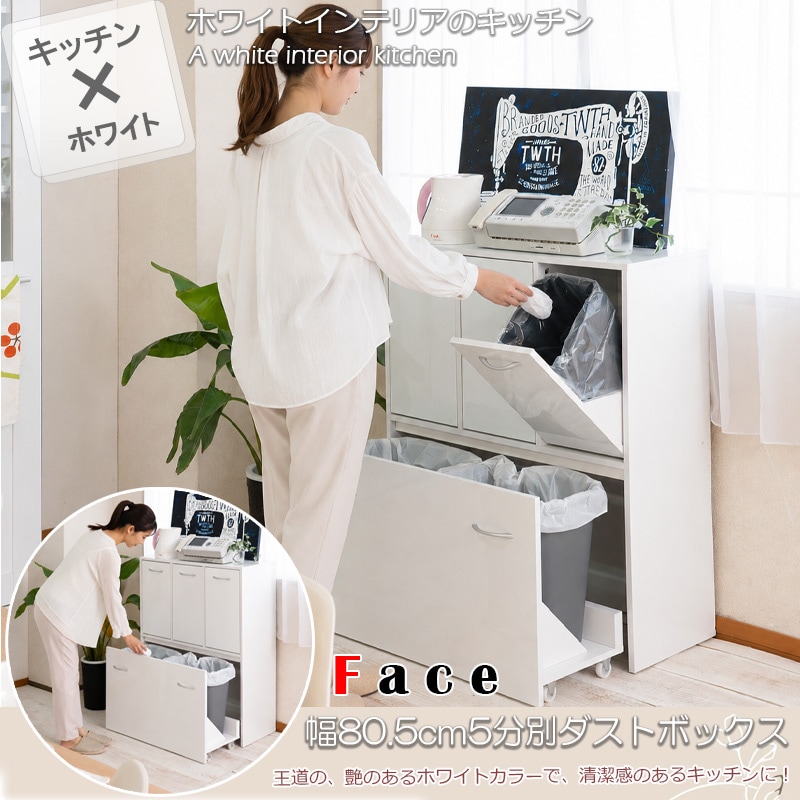 【face】キッチンシリーズ ダストボックス 5分別 ゴミ箱 スリム ホワイト 幅80.5 ペール付き 奥行32 間仕切り 隙間収納 ゴミ箱 ダスト 14L 一人暮らし キッチンラック 薄型 ハイカウンター 小物収納 ごみ箱 カウンター下収納 収納ラック すきま収納 カウンター