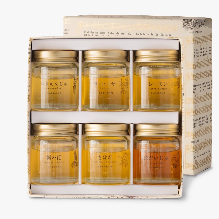 プチハニーギフト（はりえんじゅ、ラ・ローザ、レーズン、栃の花、きはだ、そば　各40g）（クリスマス柄イタリア製紙箱）