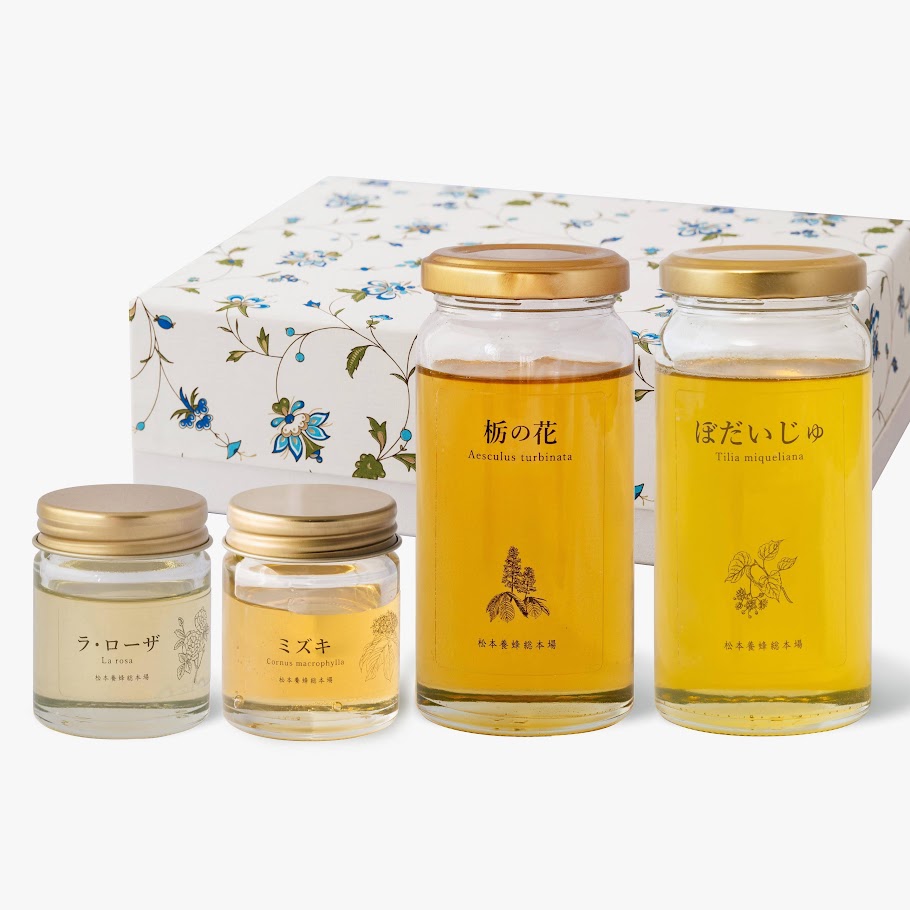 国産はちみつセット（栃の花、ぼだいじゅ、ミズキ、ラ・ローザ）（イタリア製紙箱）
