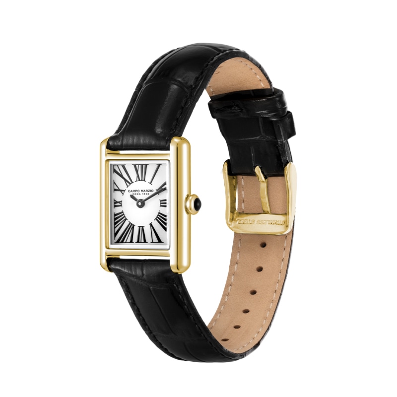 Vintage Tank Light Gold Case White Dial Black Crocodile Embossed