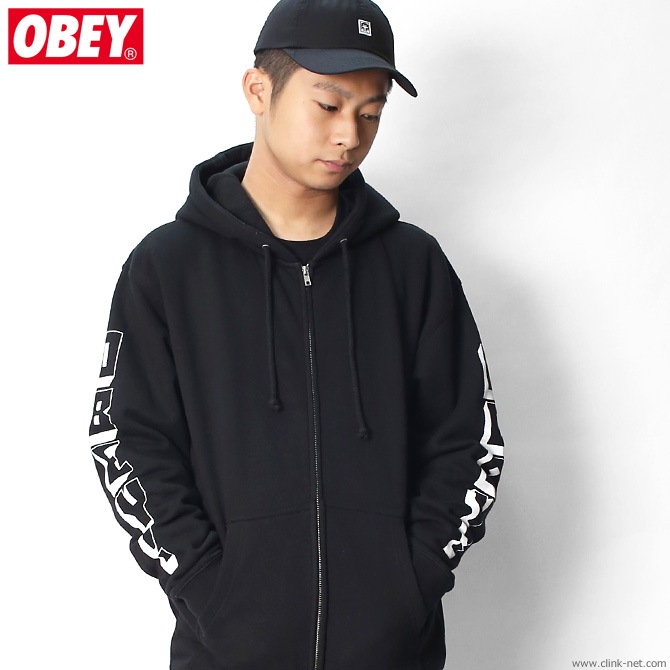 OBEY BASIC ZIP HOOD FLEECE "OBEY NEW WORLD3" (BLACK)