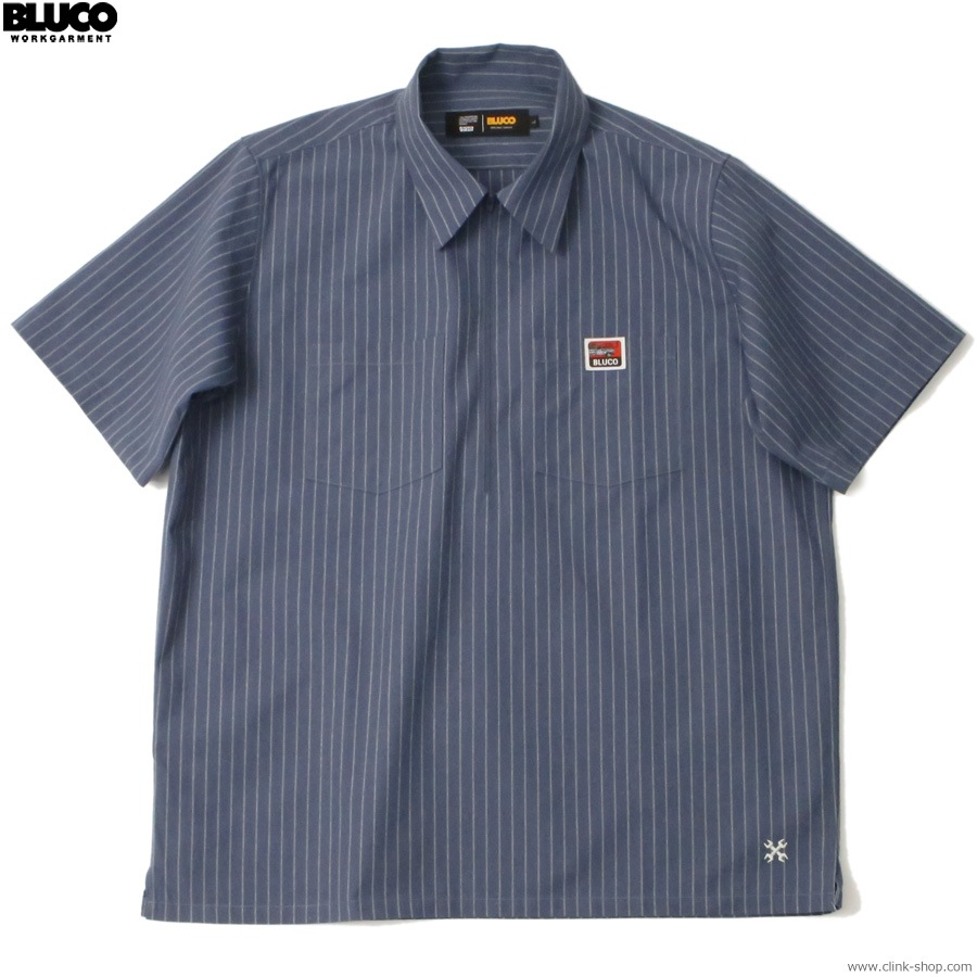 BLUCO PULLOVER STRIPE WORK SHIRT S/S (NAVY) [153-21-101]