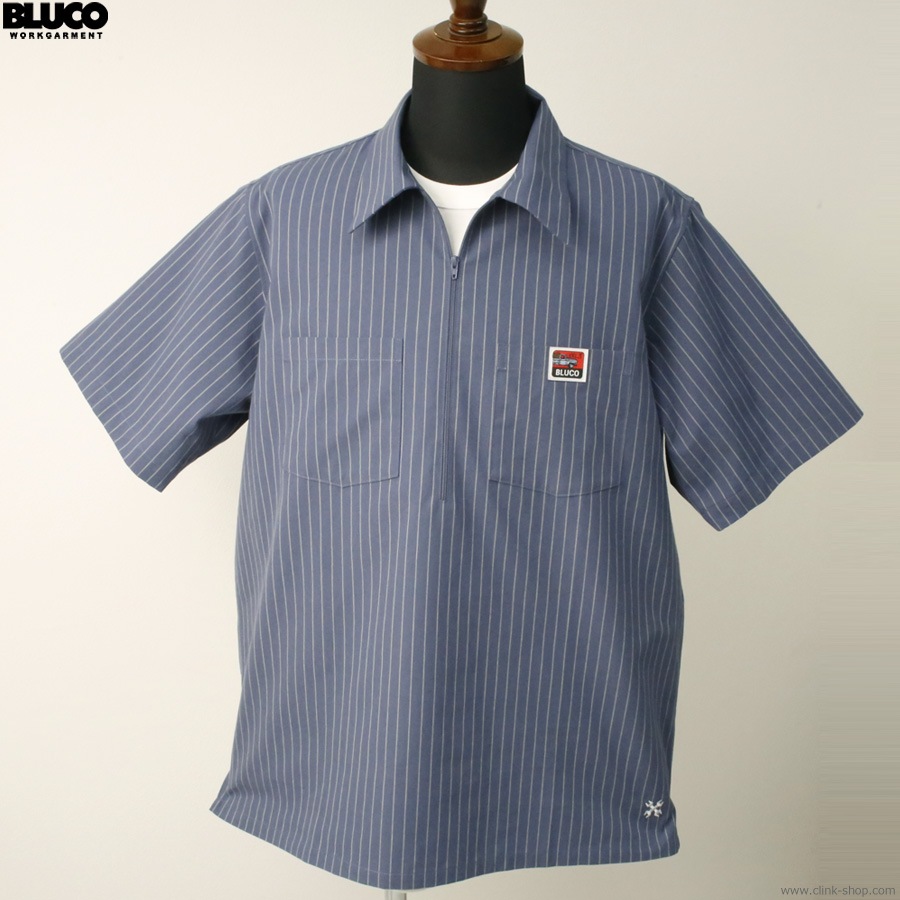 BLUCO PULLOVER STRIPE WORK SHIRT S/S (NAVY) [153-21-101]