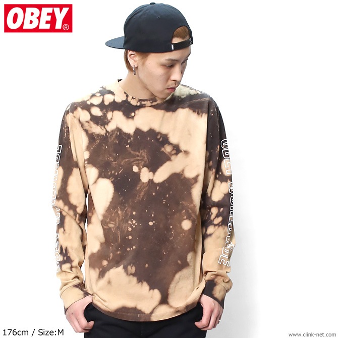 OBEY BLEACH TIE DYE LONG SLEEVE TEE "OBEY WORLDWIDE OUTLINE" (BLACK)