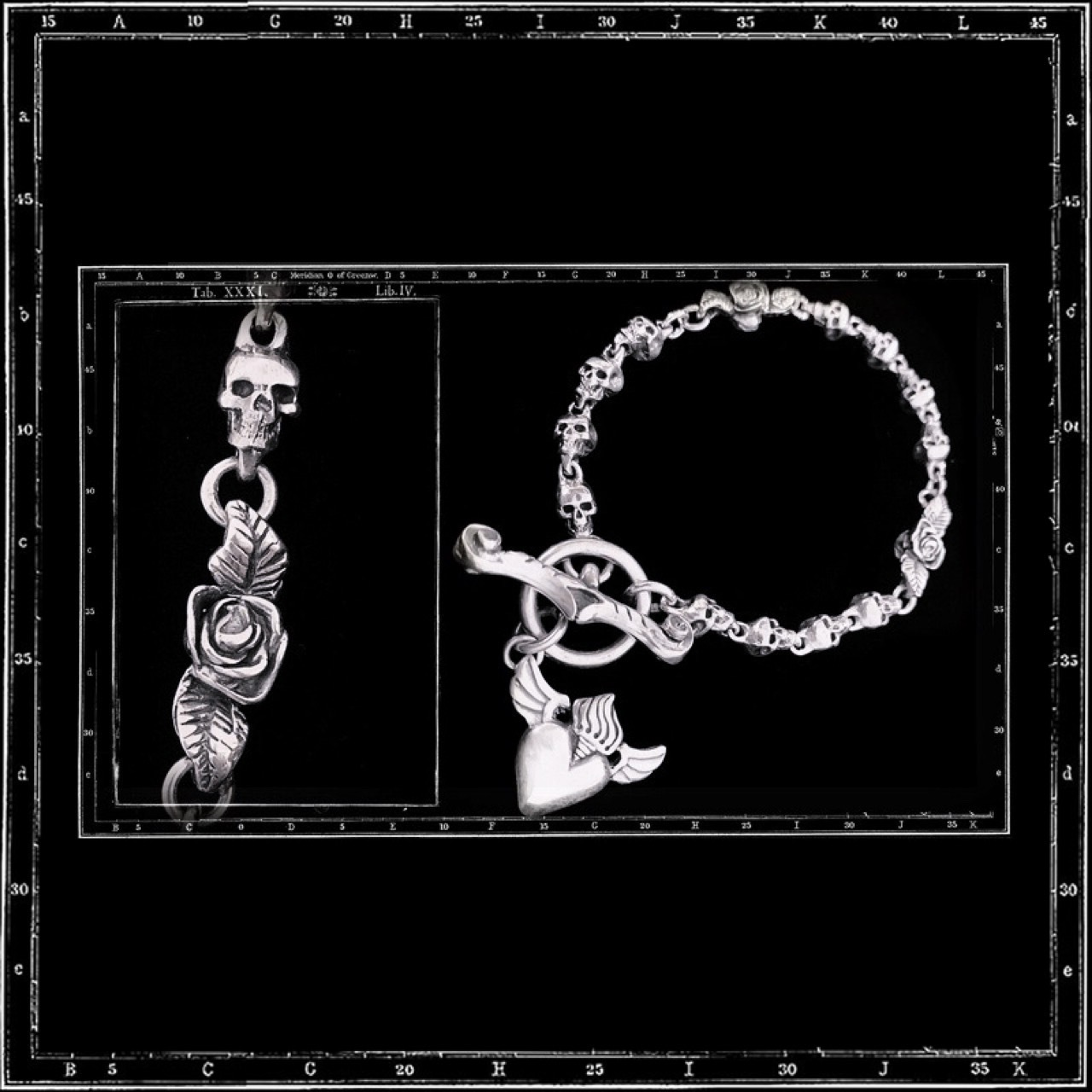 ROSARY SKULL & ROSE BRACELET WITH T-BAR & ROSARY HEART
