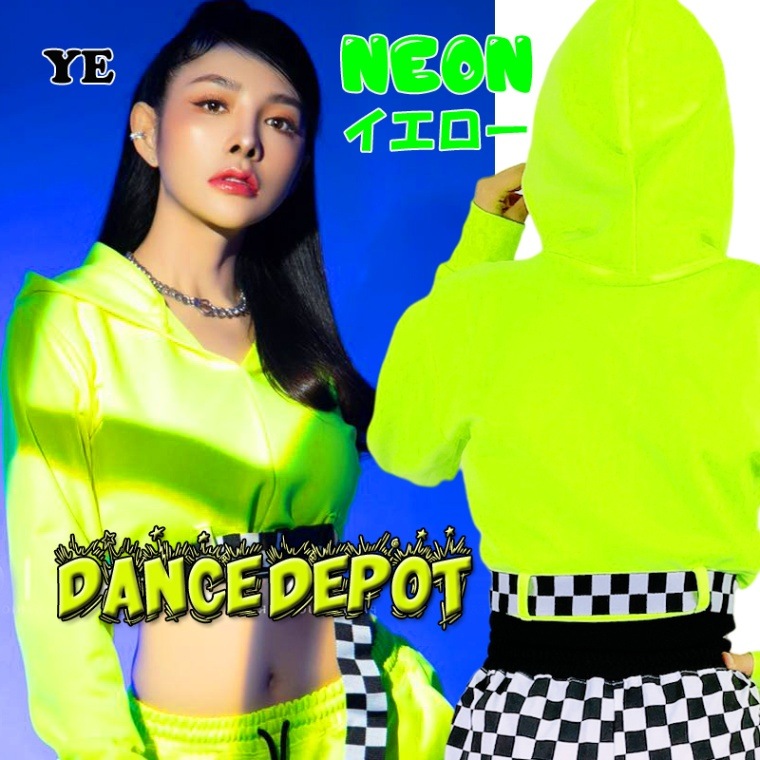 A0437-ネオンカラーショート丈長袖パーカー チェッカーボードベルト付