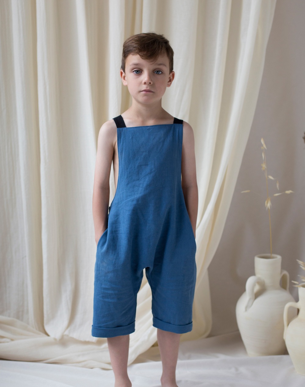 ［50%OFF］ From spain Popelin Mid-length blue jumpsuit 80-90/90-100/-/110-120/120-130/- blue