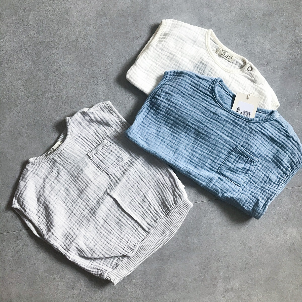 [40%OFF] From spain MY LITTLE COZMO オーガニックコットン  gauze sleeveless baby top 50-60/70-80/80-90 水色/グレー/白