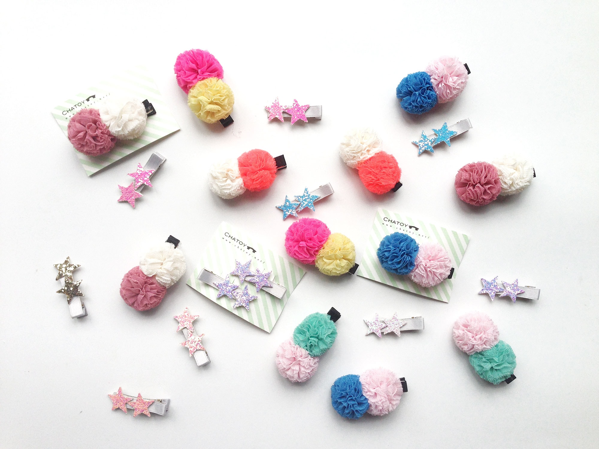 CHATOY チュールポンポンヘアピン ピンク× ライトイエロー