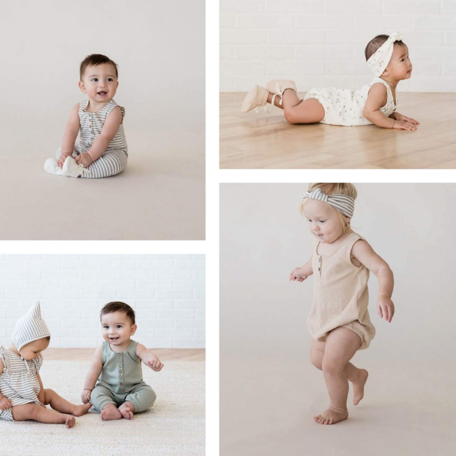 ●Quincy Mae オーガニックコットン WOVEN BUTTON JUMPSUIT STRIPE 60-70/70-80/90-100