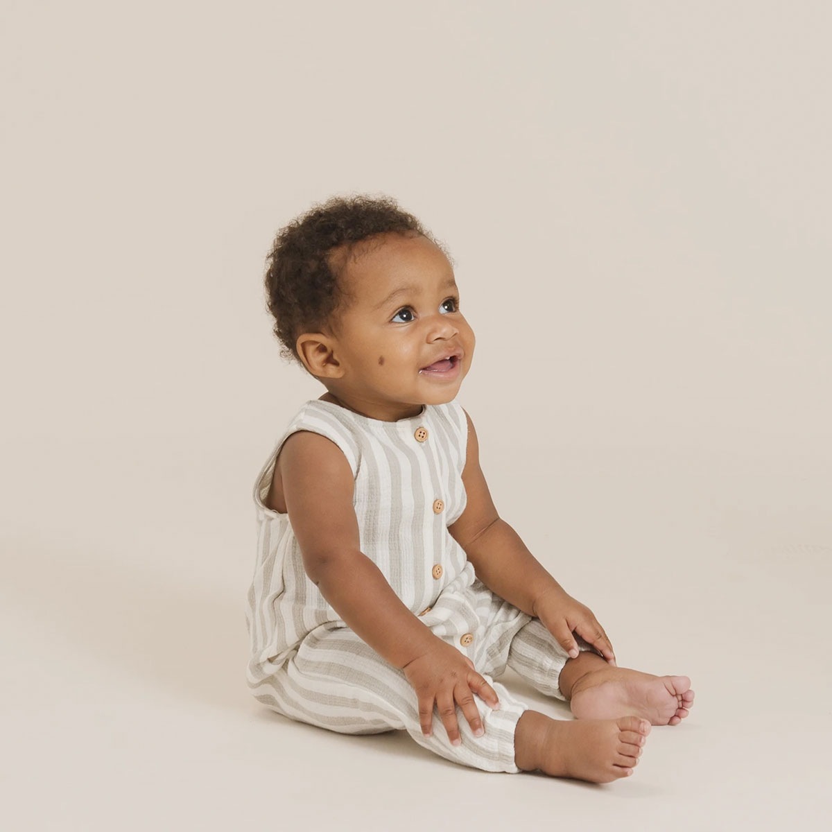 ●Quincy Mae オーガニックコットン WOVEN BUTTON JUMPSUIT STRIPE 60-70/70-80/90-100