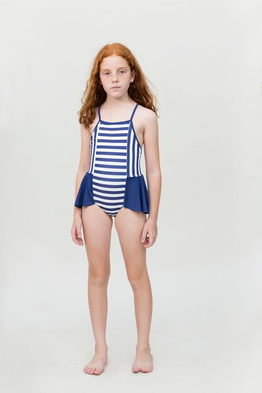 [再-60%] スペインから Motoreta モトレタ 18ss SWIMSUIT RUFFLED Blue & White stripes 24M/3Y/6-7Y