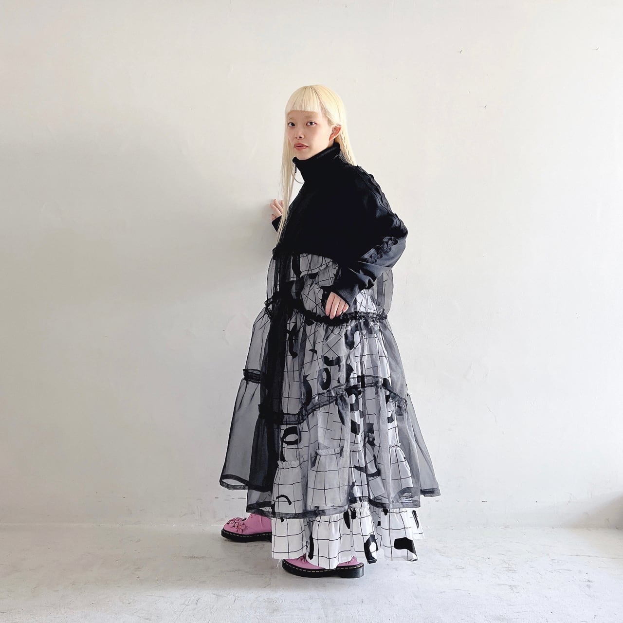 [30%OFF]frankygrow TULLE SWITCHING TRACK JERSEY DRESS BLACK