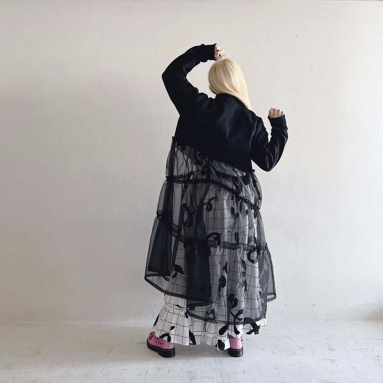 [30%OFF]frankygrow TULLE SWITCHING TRACK JERSEY DRESS BLACK