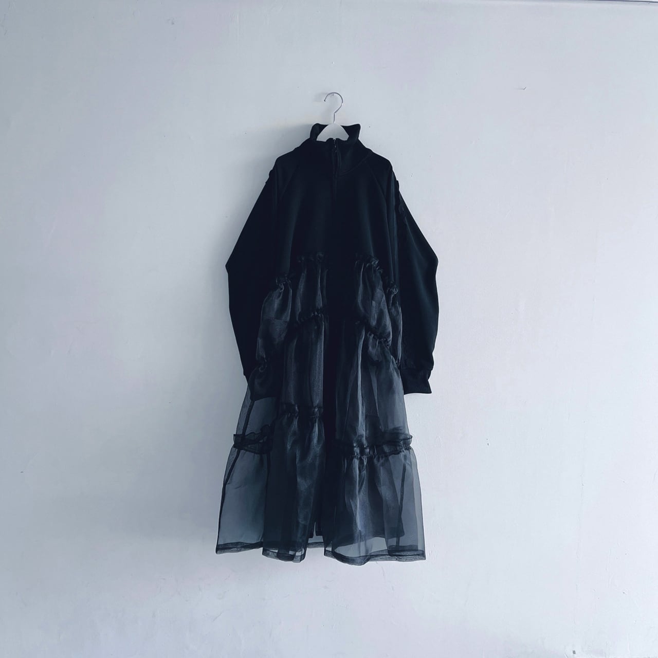 [30%OFF]frankygrow TULLE SWITCHING TRACK JERSEY DRESS BLACK