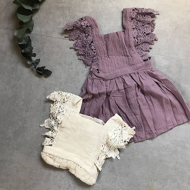 lifes レーススリーブベビードレス モーブ／生成り 70-80/90-100/110/120