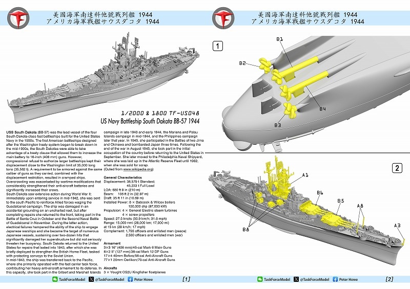 戦艦サウスダコタ（スノーマンモデル1/2000）艦船　軍艦　レジンキット完成品 スノーマンモデル製、1/2000 戦艦ワシントン・サウスダコタ