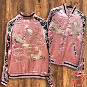 [XLサイズ]桜と鶴柄刺繍ちりめん袖柄刺繍リバーシブルスカジャン　ピンク