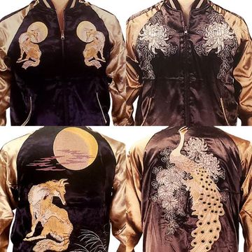 [XXLサイズ]月に狐×白孔雀柄刺繍リバーシブルスカジャン