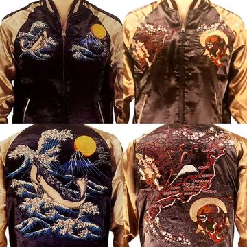 [XLサイズ]波に鯨×風神雷神柄刺繍リバーシブルスカジャン