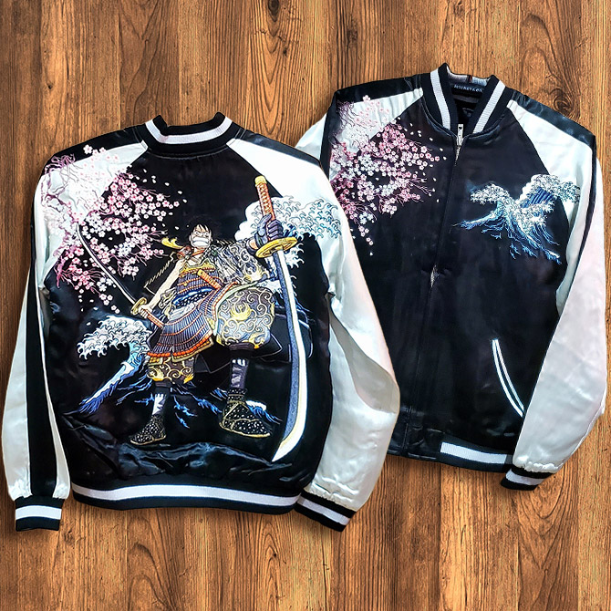 Mサイズ]武者ルフィ柄刺繍 リバーシブルスカジャン ブラック×シルバー