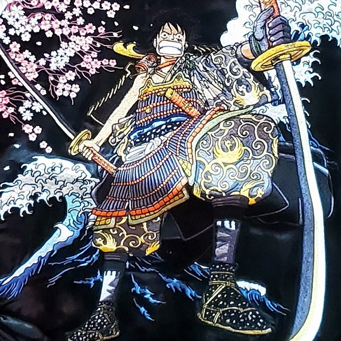 Mサイズ]武者ルフィ柄刺繍 リバーシブルスカジャン ブラック×シルバー