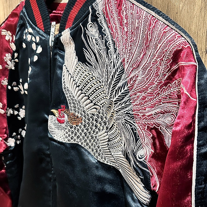 Mサイズ]桜鳳凰柄刺繍リバーシブルスカジャン【送料無料】｜和柄