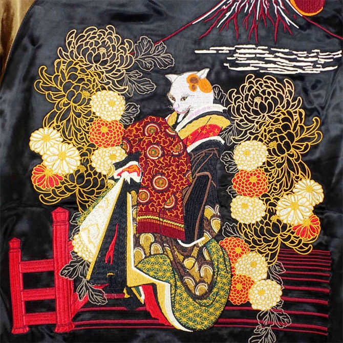 XXLサイズ]猫花魁柄刺繍スカジャン｜横須賀スカジャン専門店【エムシー