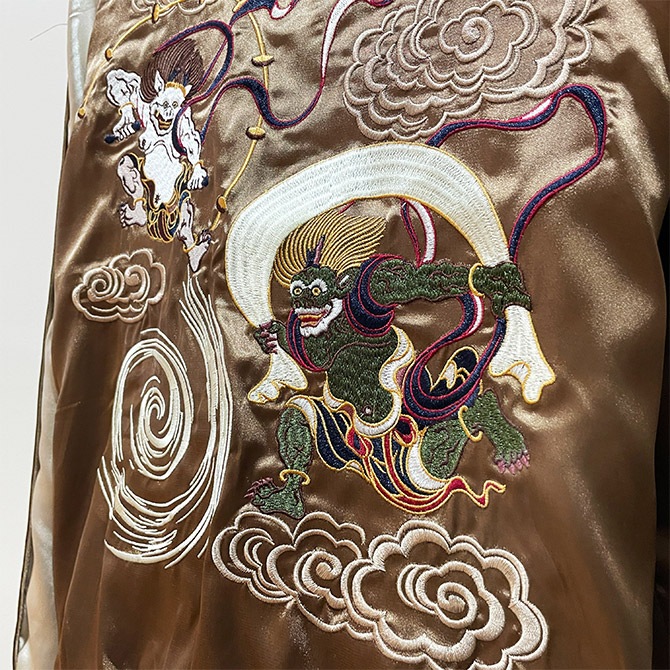 風神雷神 和柄刺繍 サテン スカジャン 本格 メンズ JKT