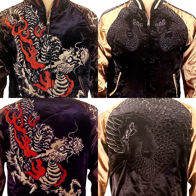 断捨離、鳳凰刺繍スカジャン 黒/金/赤/青リバーシブル Mサイズ]炎龍×黒鳳凰柄刺繍リバーシブルスカジャン｜和柄｜横須賀
