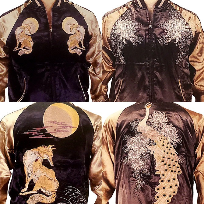 XLサイズ]月に狐×白孔雀柄刺繍リバーシブルスカジャン｜和柄｜横須賀