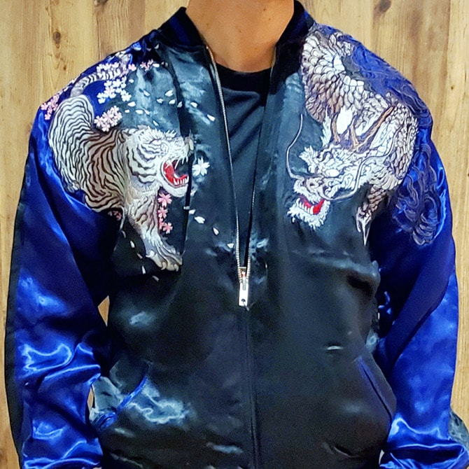 Sサイズ]白虎と白龍柄刺繍リバーシブルスカジャン【送料無料】｜和柄