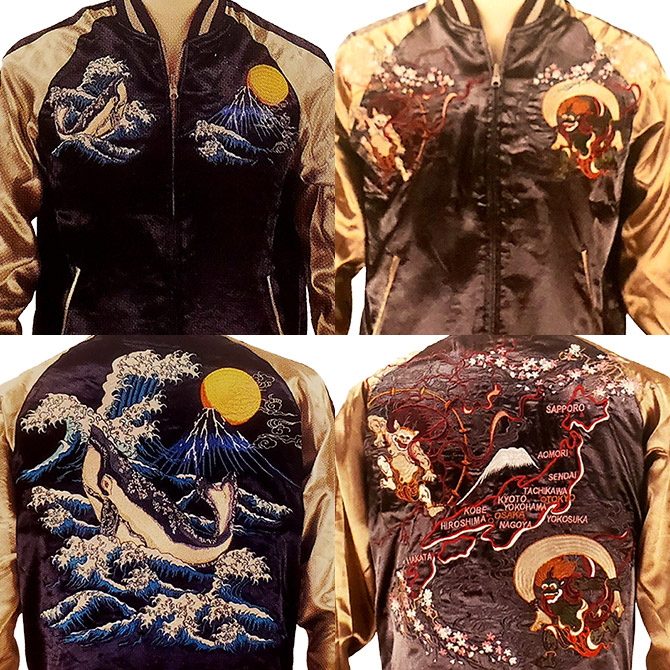 XLサイズ]波に鯨×風神雷神柄刺繍リバーシブルスカジャン｜和柄｜横須賀