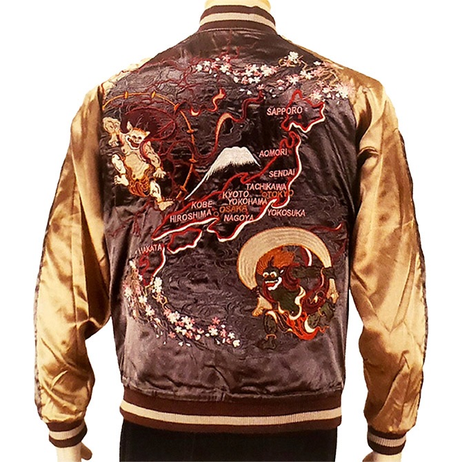 XLサイズ]波に鯨×風神雷神柄刺繍リバーシブルスカジャン｜和柄｜横須賀