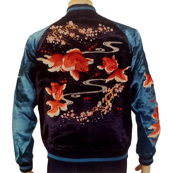 とてもハンサム。希少　リバーシブルスカジャン　金魚　鷲　虎　刺繍 Lサイズ]桜金魚×梅と鶯柄刺繍リバーシブルスカジャン｜和柄