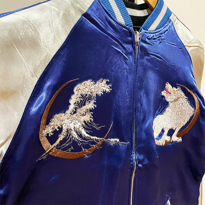 Mサイズ]横須賀波に白狼柄刺繍リバーシブルスカジャン｜和柄｜横須賀