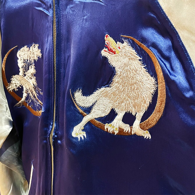 Mサイズ]横須賀波に白狼柄刺繍リバーシブルスカジャン｜和柄｜横須賀