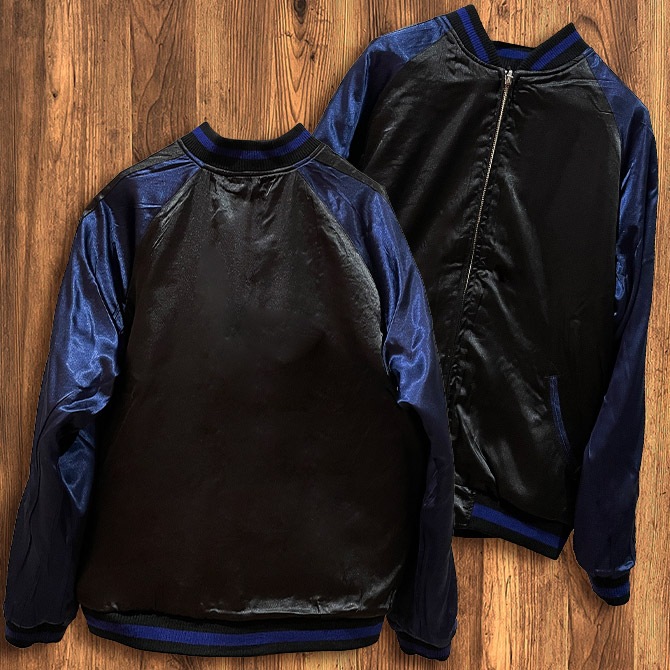 刺繍スカジャン 小サイズ 黒と青 Sサイズ]横須賀桜と荒波柄刺繍リバーシブルスカジャン｜和柄 桜