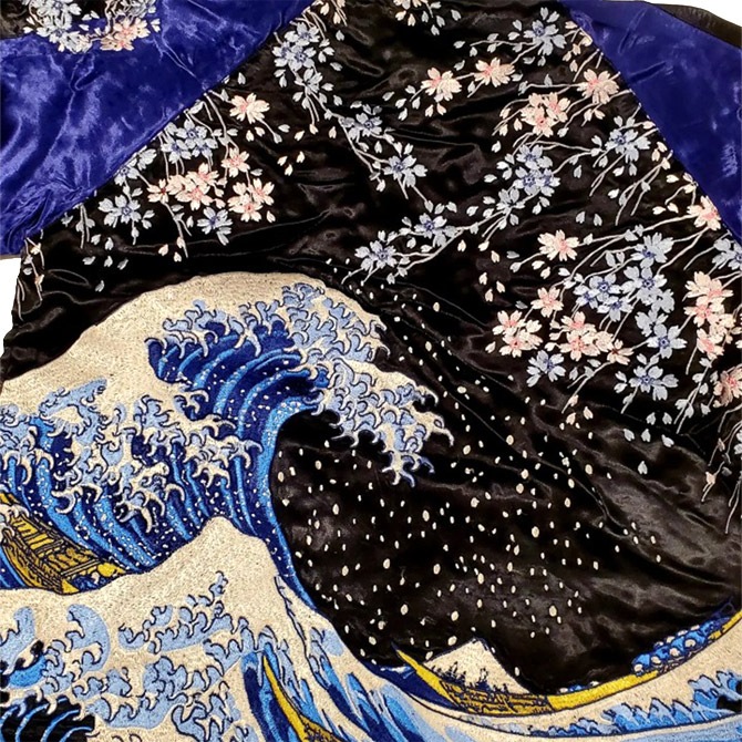 XLサイズ]横須賀桜と荒波柄刺繍リバーシブルスカジャン｜和柄 桜