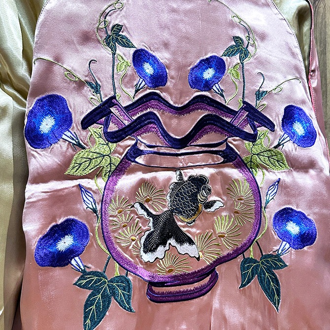 Sサイズ]金魚鉢柄刺繍リバーシブルスカジャン ピンク【送料無料】｜和