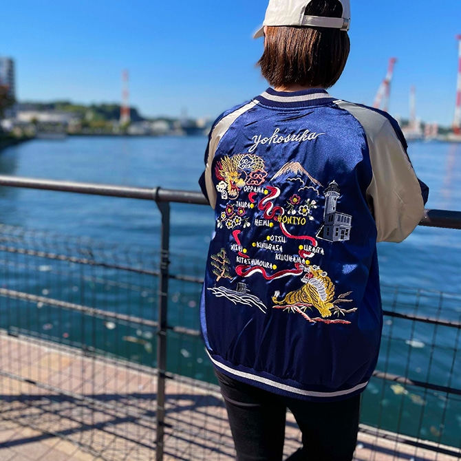 スカジャン ネイビー/シルバー刺繍