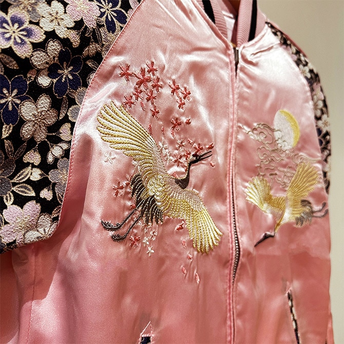 Sサイズ]桜と鶴柄刺繍ちりめん袖柄刺繍リバーシブルスカジャン ピンク