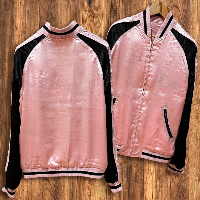 XLサイズ]桜と鶴柄刺繍ちりめん袖柄刺繍リバーシブルスカジャン ピンク