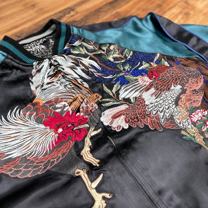 Lサイズ]鶏紫陽花柄刺繍リバーシブルスカジャン【送料無料】｜和柄