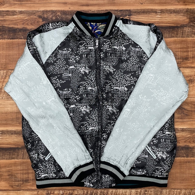 Lサイズ]鶏紫陽花柄刺繍リバーシブルスカジャン【送料無料】｜和柄