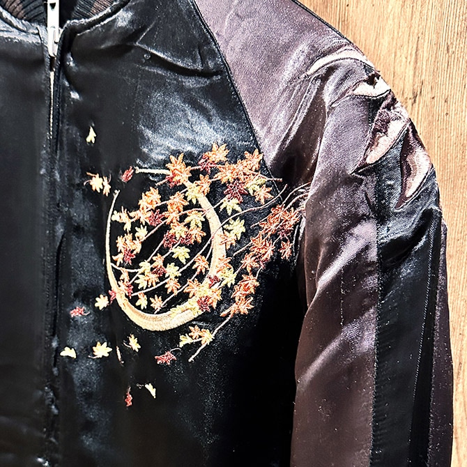 Lサイズ]紅葉と梟柄刺繍リバーシブルスカジャン【送料無料】｜和