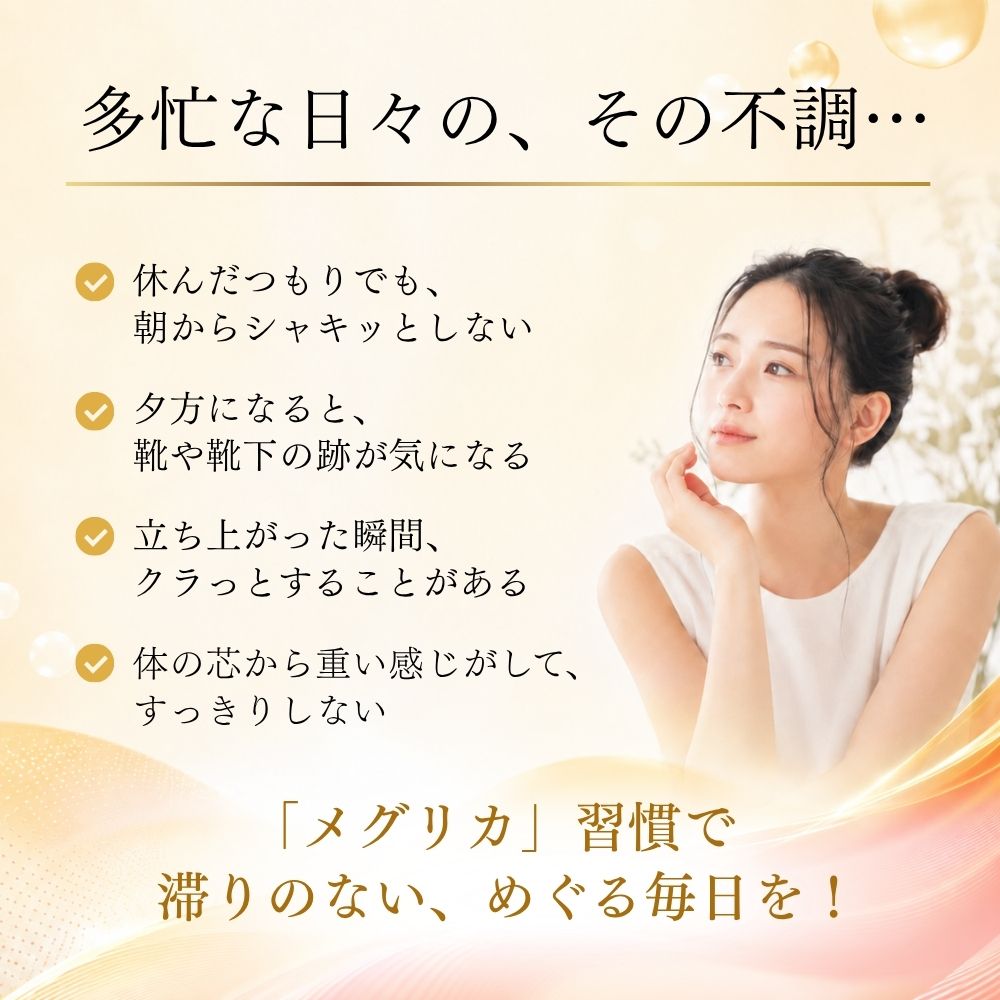 メグリカの商品紹介。多忙な日々の身体の不調に、「メグリカ」習慣で滞りのないめぐる毎日を。