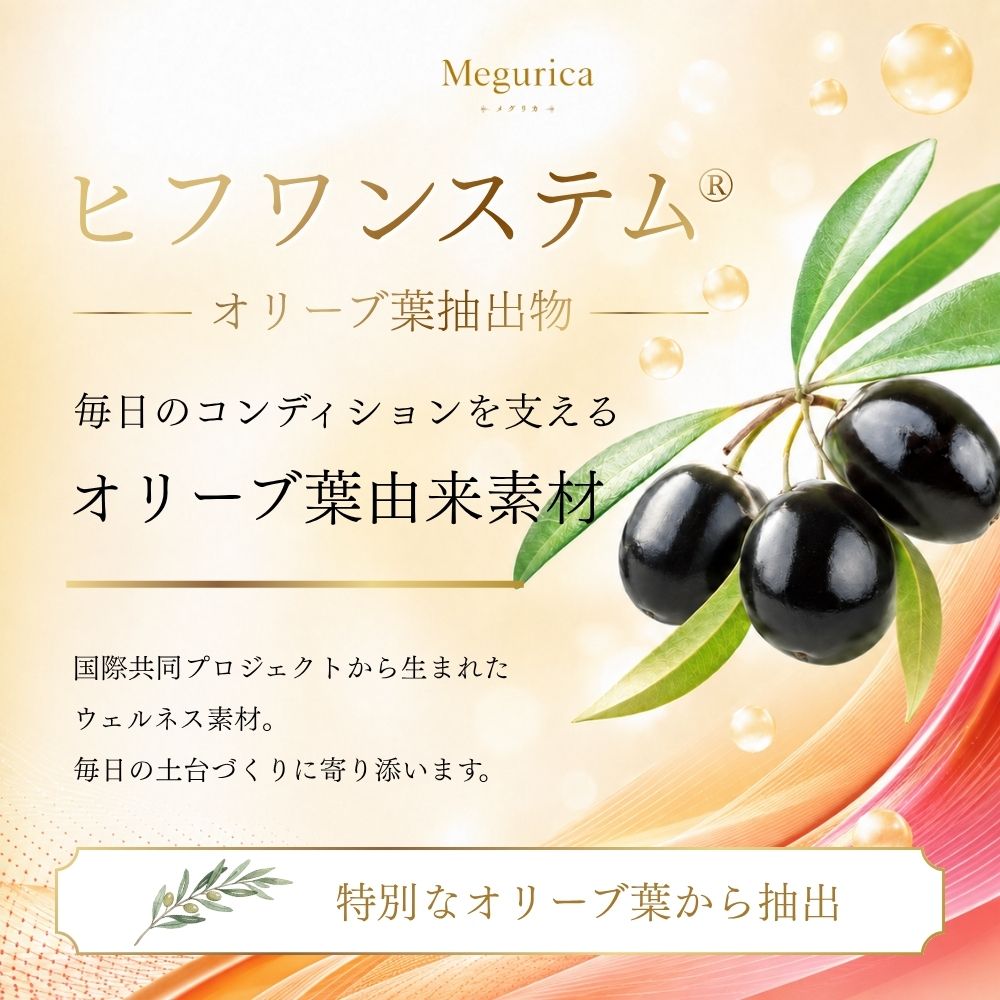 メグリカの商品紹介。毎日のコンディションを整える、オリーブ葉由来素材の「ヒフワンステム」を配合。
